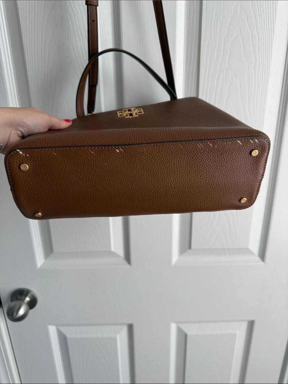 Tory Burch Brown Pebbled Leather Satchel with Top Handle & Adjustable Strap